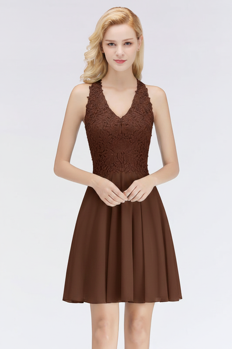Brown V-Neck Short Lace Bridesmaid Dresses