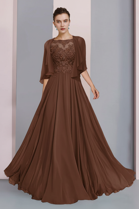 Brown Floor-Length A-Line Mother of the Bride Dress with Princess Scoop Neckline