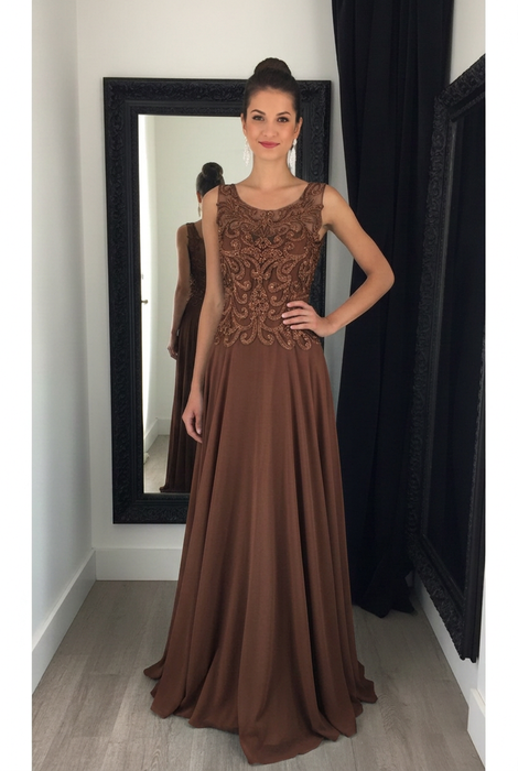 Brown Chiffon A-Line Prom Dress Scoop Neck with Lace Appliques