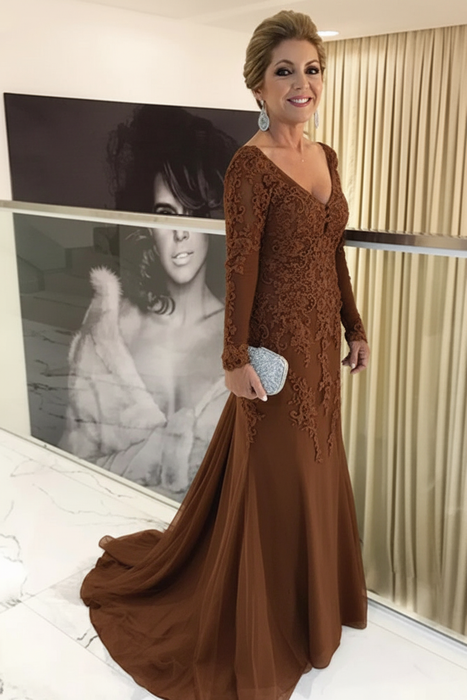 elegant brown dresses Lace Long Mother of the Bride Dresses On Sale-Bridelily