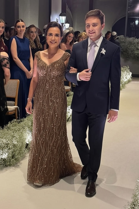 Brown Off-the-Shoulder Sheath Mother of the Bride Dress with Beadings Long Wedding Guest Dress