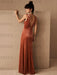 Brown Evening Dress A-Line V-Neck Floor-Length Sleeveless Zipper Velour Formal Dinner Dresses