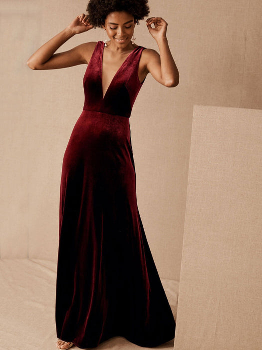 Brown Evening Dress A-Line V-Neck Floor-Length Sleeveless Zipper Velour Formal Dinner Dresses(APP ExclusivePrice  $106.99)