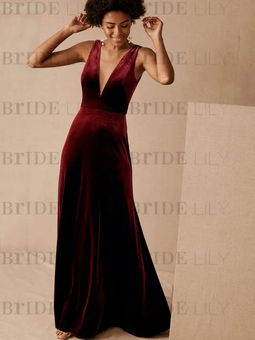 Brown Evening Dress A-Line V-Neck Floor-Length Sleeveless Zipper Velour Formal Dinner Dresses