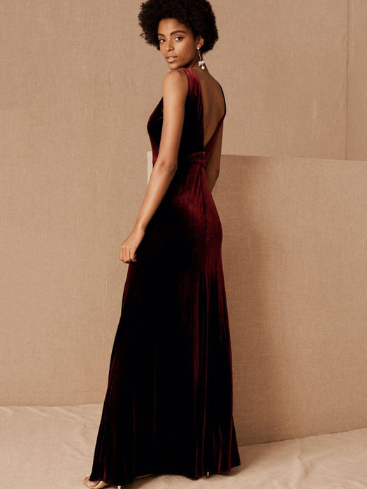 Brown Evening Dress A-Line V-Neck Floor-Length Sleeveless Zipper Velour Formal Dinner Dresses(APP ExclusivePrice  $106.99)