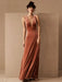 Brown Evening Dress A-Line V-Neck Floor-Length Sleeveless Zipper Velour Formal Dinner Dresses
