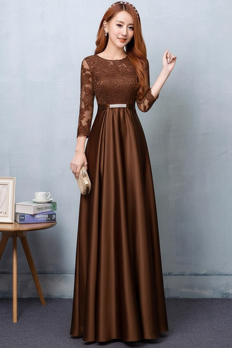 Brown Evening Dress Satin Prom Dress Lace Applique Wedding Guest Dresses Sash A Line Maxi Mother's Dress wedding guest dress