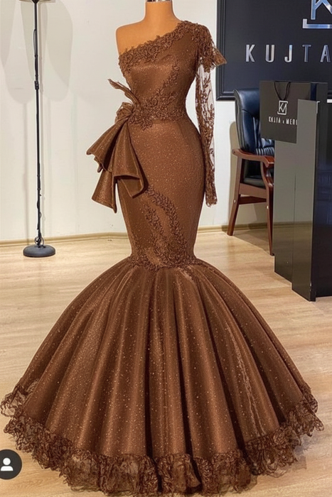 Brown Glitter Mermaid Prom Dress Long Sleeves Floral Lace Party Dress - Prom Dresses