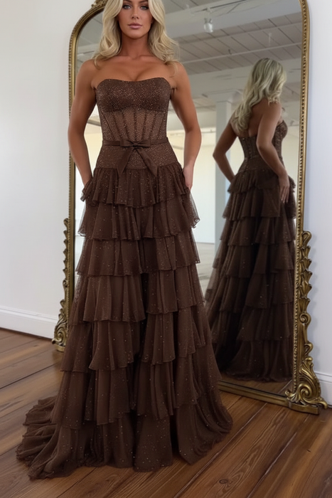 Brown Glitter Strapless Tiered Ruffle Corset Prom Dress Long with Slit