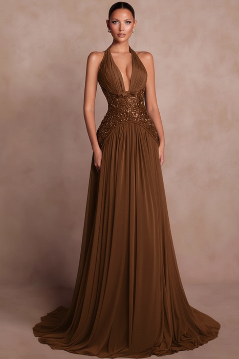 Brown Halter Aline Evening Dress Glitter Chiffon Prom Dress with Sequins