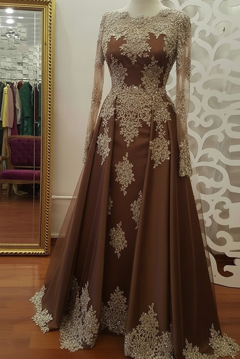 Brown A-Line/Princess Long Sleeves Scoop Floor-Length Applique Tulle Muslim Dresses - Prom Dresses