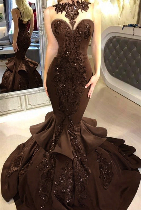 Brown Mermaid Beads Prom Dresses Appliques Evening Dresses