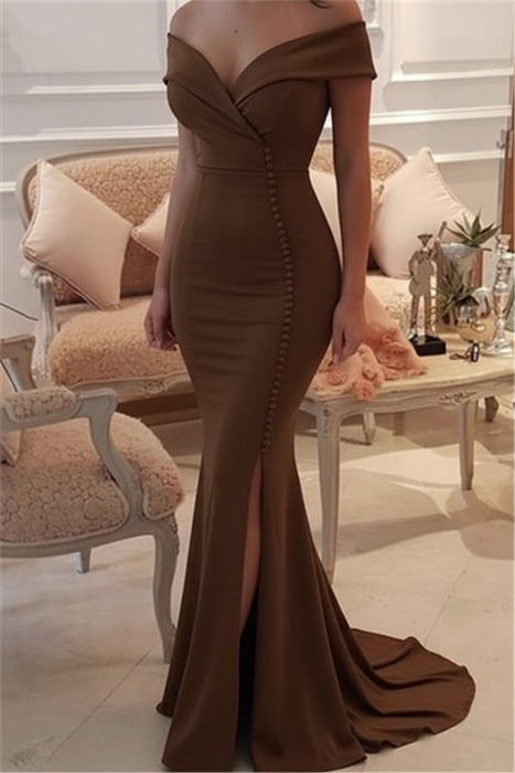 Brown Mermaid Long Evening Dress Off-the-Shoulder