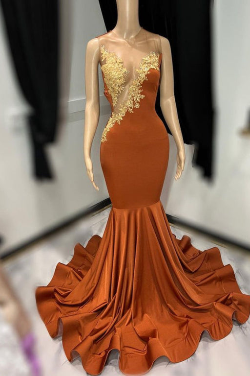 Brown Mermaid Long Prom Dress with Sleeveless Tulle and Appliques