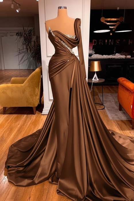 Brown One Shoulder Mermaid Prom Dress Beaded with Split