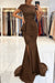 Brown Short Sleeve Lace Mermaid Prom Dress with Slit
