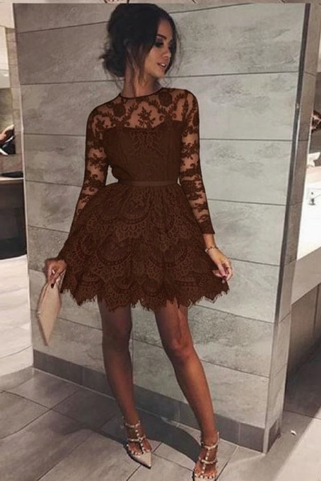 Brown Mini Long Sleeve Jewel Homecoming Cute Sweet 16 A-line Lace Cocktail Dress - Prom Dresses