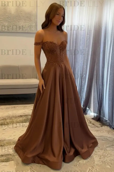 Brown Off-the-Shoulder A-line Evening Dress Lace Prom Dress Long