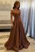 Brown Off-the-Shoulder A-line Evening Dress Lace Prom Dress Long