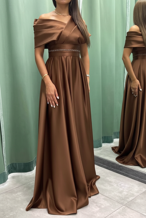 Brown Elegant Off-the-Shoulder Long Evening Dress Pleated