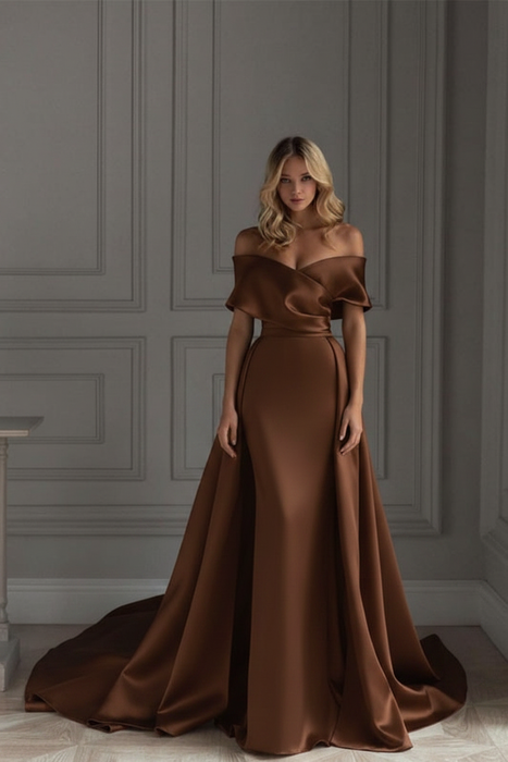 Brown Off-The-Shoulder Mermaid Prom Dress with Ruffles