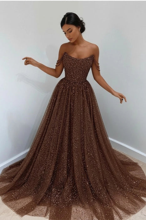 Brown Off-the-Shoulder Prom Dress Long with Sequins - Prom Dresses