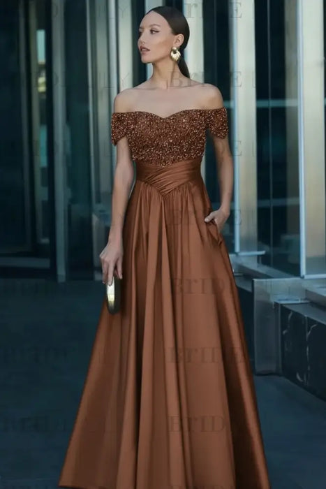 Brown Off-the-Shoulder Satin Aline Formal Dress with Beadings