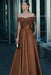 Brown Off-the-Shoulder Satin Aline Formal Dress with Beadings