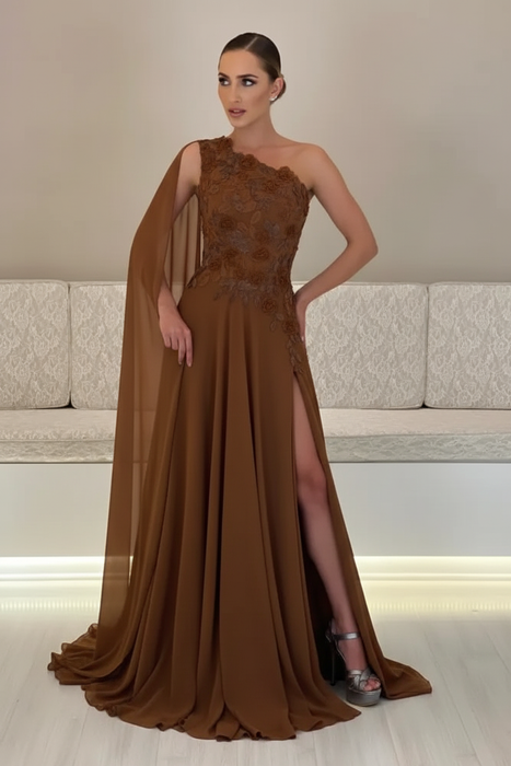 Brown One-Shoulder Sleeveless Chiffon Evening Dresses Long with Side Slit - Prom Dresses
