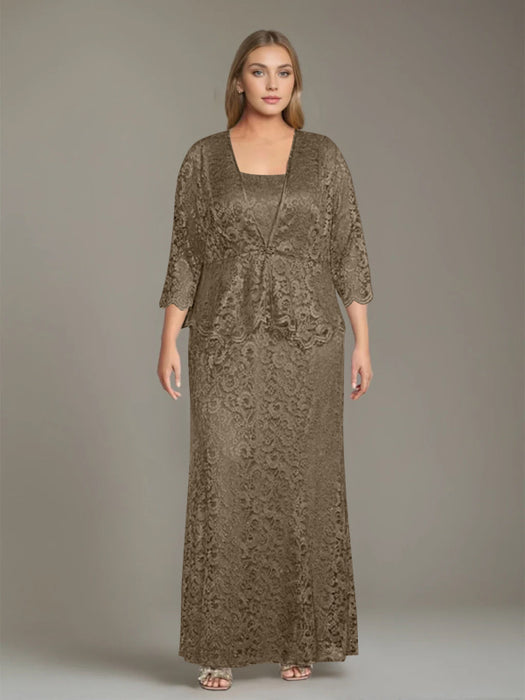 Plus Size 2-Piece Mother of the Bride Dress Set with Square Neck and Floor-Length Sheath