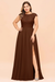 Brown Plus Size Bridesmaid Dress Lace with Split Cap Sleeves Chiffon Wedding Guest Dress