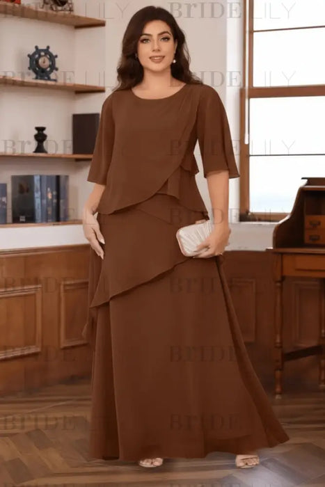 Brown Plus Size Ruffles Chiffon Mother of the Bride Dress Scoop Neck with Half Sleeves