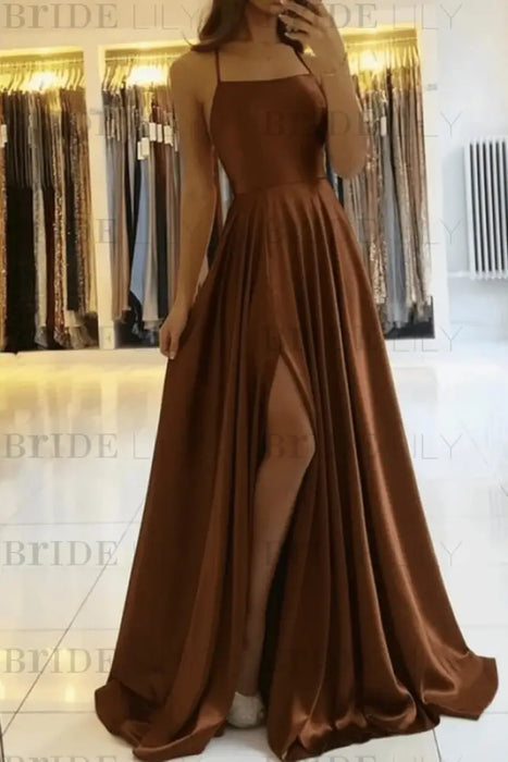 Brown Simple Prom Dress Long With Spaghetti Straps Front Slit Satin Evening Dress