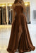 Brown Simple Prom Dress Long With Spaghetti Straps Front Slit Satin Evening Dress