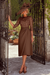 Brown Floral Round Neck Satin Midi Mother Of The Bride Dress with Sleeves