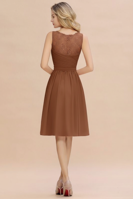 Brown Ruffle Chiffon Short Bridesmaid Dress Sleeveless V-Neck Aline Knee Length Homecoming Dress - Prom Dresses