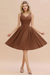 Brown Ruffle Chiffon Short Bridesmaid Dress Sleeveless V-Neck Aline Knee Length Homecoming Dress - Prom Dresses