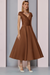 Brown Satin A-Line Mother of the Bride Dress V Neck Tea Length Wedding Guest Dress - Prom Dresses