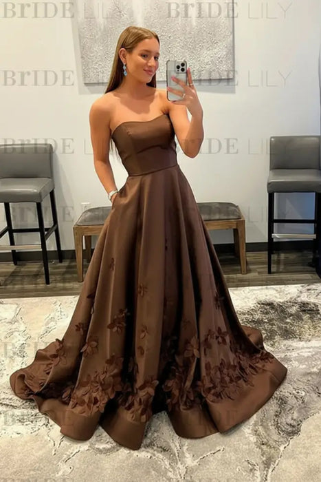 Brown Strapless Satin Long Prom Dresses with 3D Flowers