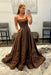 Brown Strapless Satin Long Prom Dresses with 3D Flowers