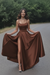 Brown Aline Satin Long Prom Dresses with High Slit