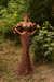 Brown Satin Mermaid Evening Gown Beadings Floor Length Party Dress with puffy Sleeves