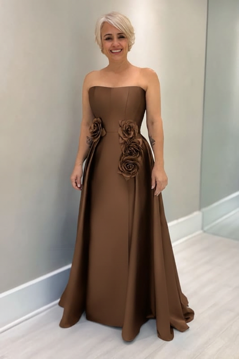 Brown Satin Mother of the Bride Dress Strapless with Flowers - Prom Dresses