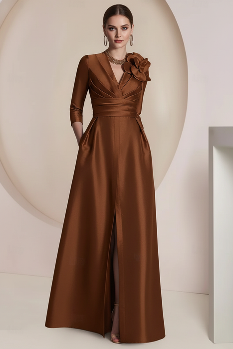 Brown Satin V-Neck Mother of the Bride Dress with 3/4 Sleeves with Split Front