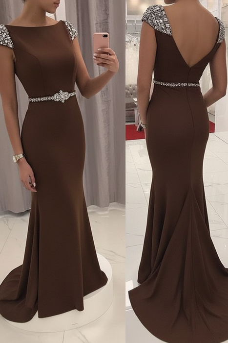 Brown Sequined Fitted Cap Sleeve Mermaid Prom Dress Formal Gown - Prom Dresses