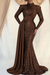 Brown Sequins Long Sleeves High Collar Mermaid Prom Dress with Ruffle