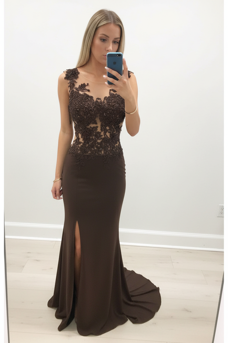 Brown Sheath/Column Scoop Sleeveless Applique Chiffon Dresses - Prom Dresses
