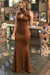 Brown Sheath Sleeveless Halter Floor-Length With Ruffles Satin Dresses - Prom Dresses