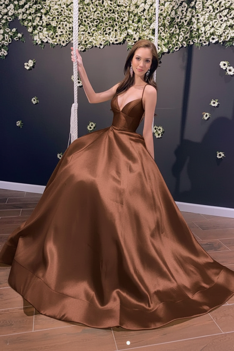 Brown Simple A Line V Neck Backless Yellow Long Prom Dresses