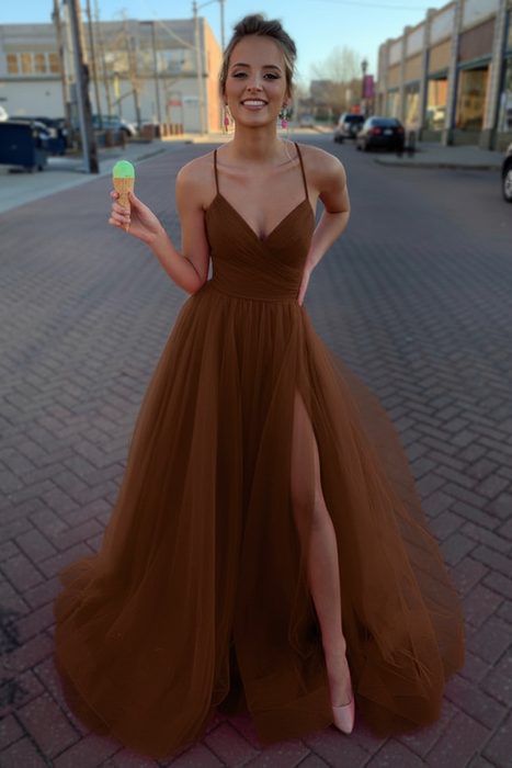 Brown Simple A Line V Neck Tulle Long Prom Dresses with High  Split